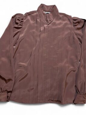 Vintage Jackson Square Pleated Mock-Neck Long Sleeve Blouse
